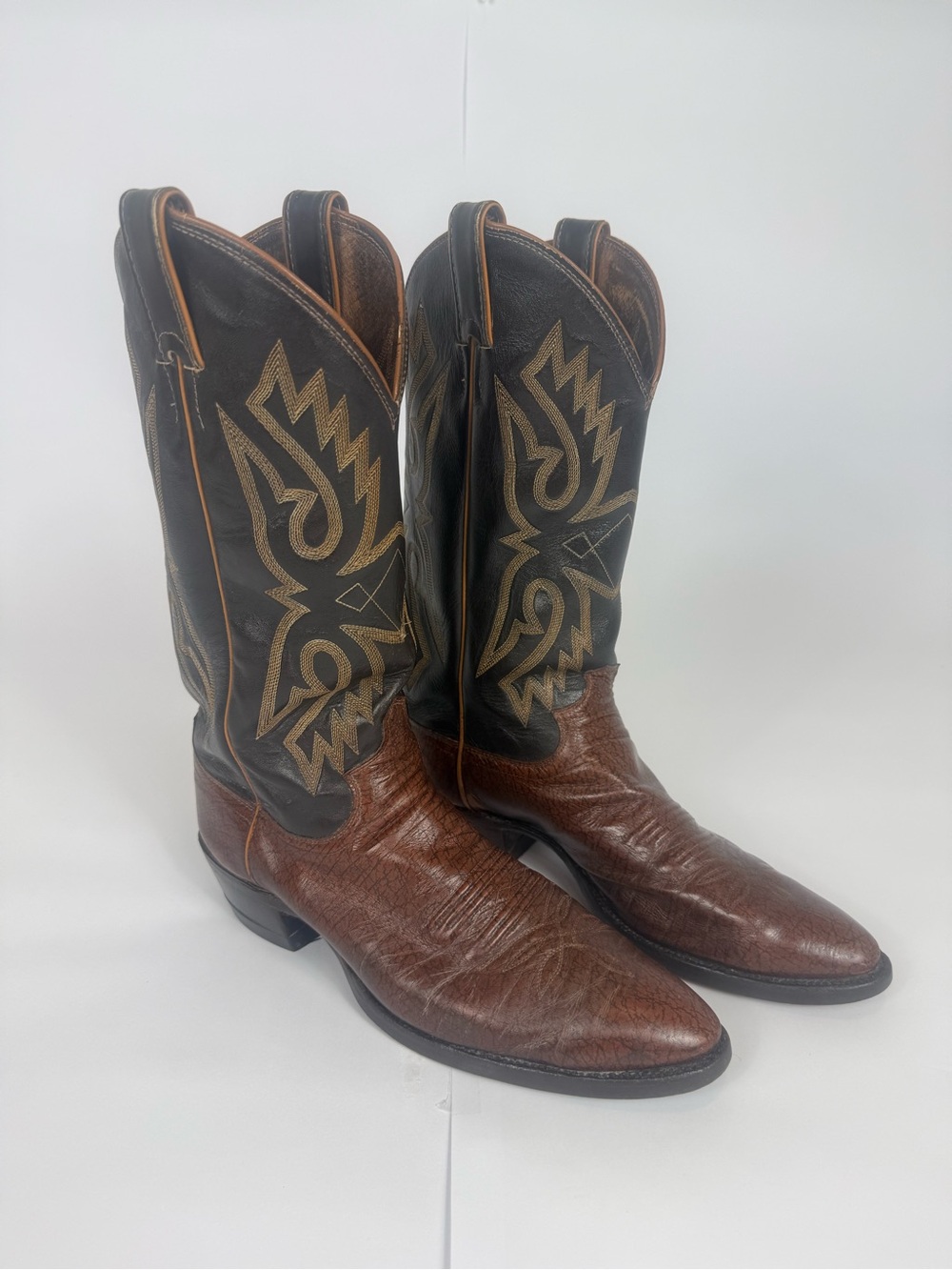 Justin Boots Two-Tone Brown Foot Black Shaft Western Cowboy Boots Leather 9040